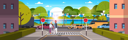 man help senior woman with walking stisk crossing street urban city traffic cars on road crosswalk river green trees wooden benches cityscape background horizontal flat vector illustrationのイラスト素材