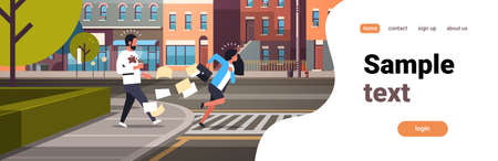 tired business woman running crosswalk pushing man with coffee cup city street road buildings background horizontal flat vector illustrationのイラスト素材