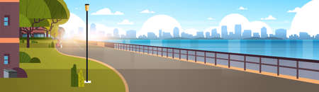 modern city empty quay urban cityscape skyscrapers background view of road river and downtown early morning sunrise horizontal banner flat vector illustrationのイラスト素材