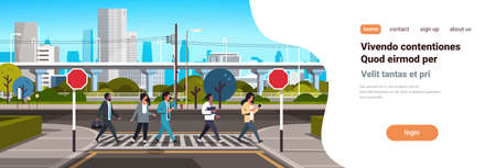 mix race people going crosswalk modern city street skyscraper downtown road urban cityscape background sunny day horizontal flat copy space vector illustrationのイラスト素材