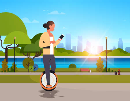 woman ride electric mono wheel using smartphone girl modern personal transport outdoor nature city urban park cityscape sunset background horizontal flat vector illustrationのイラスト素材