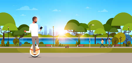 man ride electric mono wheel using smartphone guy modern personal transport outdoor nature city urban park cityscape sunset background horizontal banner flat vector illustrationのイラスト素材