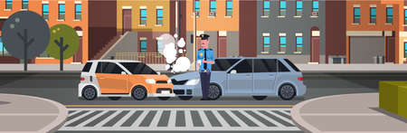 crashed car road accident police officer in uniform issuing report policeman writing legal fine document city buildings background flat horizontal banner vector illustrationのイラスト素材