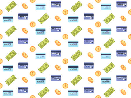 money cash banknotes credit card golden coins icon financial payment seamless pattern flat vector illustrationのイラスト素材