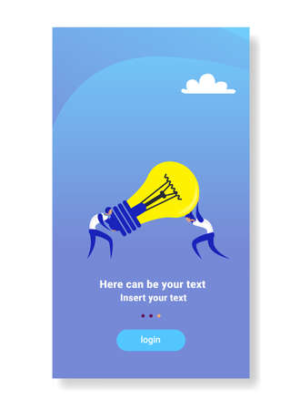 two businessmen holding light lamp sharing new creative idea teamwork concept flat vertical copy space vector illustrationのイラスト素材