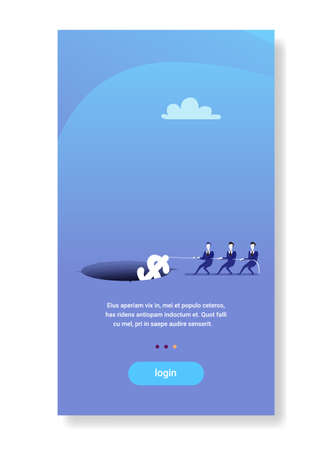 businessmen team pulling dollar sign from abyss financial problem solution concept business people successful teamwork strategy flat vertical copy space vector illustrationのイラスト素材