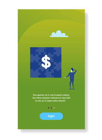 businessman looking puzzle jigsaw dollar sign financial problem solution concept flat vertical copy space vector illustrationのイラスト素材