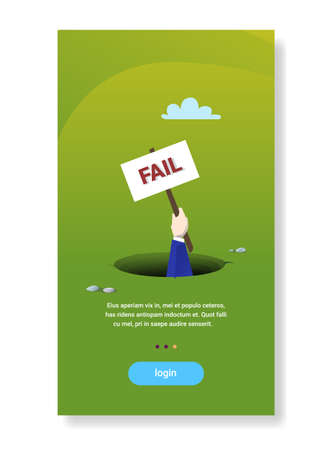 businessman hand hold placard from hole abyss business fail bankruptcy crisis debt concept flat vertical copy space vector illustrationのイラスト素材