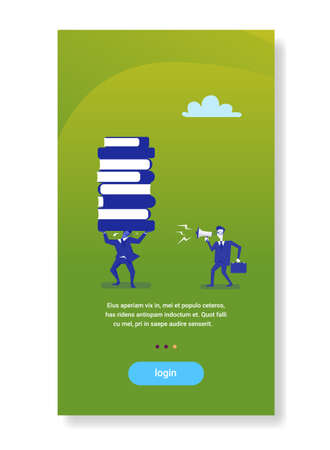 businessman boss screaming megaphone on worker holding books stack business education concept flat vertical copy space vector illustrationのイラスト素材
