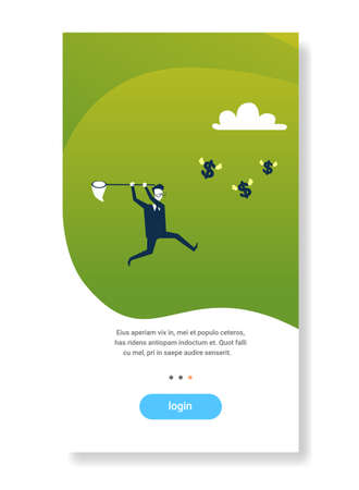 businessman catching dollar coins with butterfly net finance success concept flat vertical copy space vector illustrationのイラスト素材