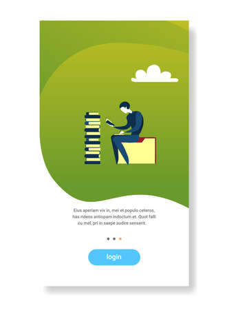 businessman sitting on document folder near book stack reading education concept flat vertical copy space vector illustrationのイラスト素材