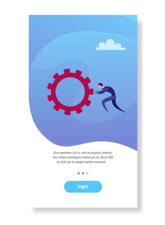 businessman pushing cogwheel brainstorming successful process concept flat vertical copy space vector illustrationのイラスト素材