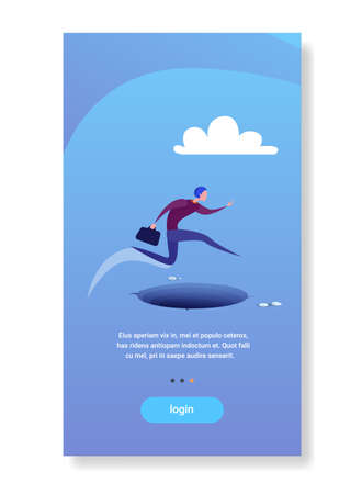 businessman jump over gap abyss business man risk concept flat vertical copy space vector illustrationのイラスト素材