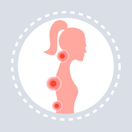 back and neck injury feeling joint pain spine osteoporosis scoliosis spinal cord problems painful area highlighted in red healthcare symbol flat vector illustrationのイラスト素材