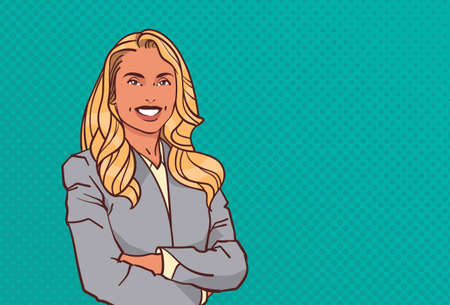 young businesswoman folded hands pose business woman smile female cartoon character portrait pop art style horizontal vector illustrationのイラスト素材