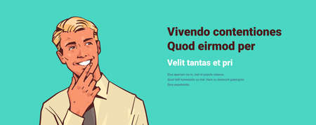 businessman hold chin business man think ponder new idea pop art retro style male cartoon character portrait horizontal copy space vector illustrationのイラスト素材