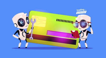 Modern Robots Standing Over Credit Card Reading Documents And Holding Spanner Robotic Technology Payment Concept Flat Vector Illustrationのイラスト素材