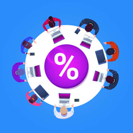 Business People Team Working On Laptop Computers Top Angle View Sit At Round Desk With Percent Sign Flat Vector Illustrationのイラスト素材