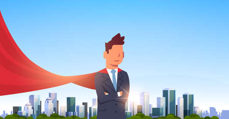 businessman wearing red super hero cape representing business power and courage leadership success concept over big modern city skyscraper cityscape skyline flat horizontal vector illustrationのイラスト素材