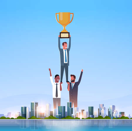 successful businessmen group holding golden cup firs place victory concept successful teamwork over big modern city skyscraper cityscape skyline flat horizontal vector illustrationのイラスト素材