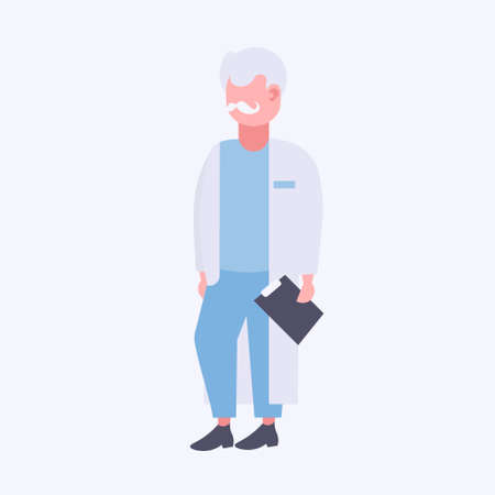 senior doctor holding clipboard male medical clinic worker in uniform cartoon character full length flat isolated vector illustrationのイラスト素材