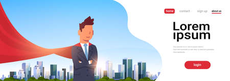 businessman wearing red super hero cape representing business power and courage leadership success concept over big modern city skyscraper cityscape horizontal copy space vector illustrationのイラスト素材
