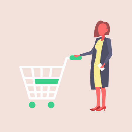 woman holding trolley cart buying products big shopping concept supermarket customer female cartoon character full length flat isolated vector illustrationのイラスト素材