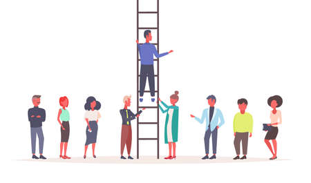 business people holding staircase businessman climbing career ladder teamwork strategy leadership concept successful team cooperation flat isolated horizontal vector illustrationのイラスト素材