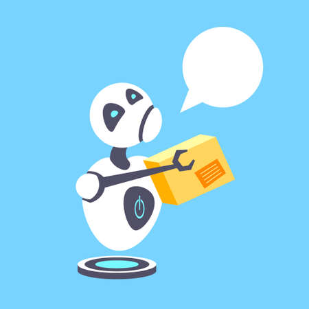 tired courier robot holding cardboard parcel box delivery service artificial intelligence robotic technology concept sad cyborg bot chat bubble communication flat vector illustrationのイラスト素材