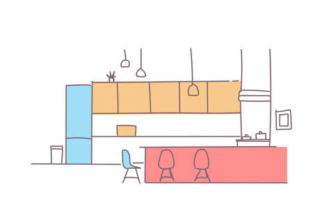 modern kitchen interior empty house room furniture sketch doodle horizontal vector illustrationのイラスト素材