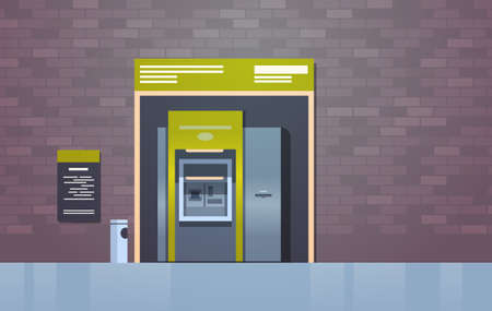 ATM cash automatic teller machine payment terminal icon outdoor banking equipment to withdraw and transfer money horizontal flat vector illustrationのイラスト素材