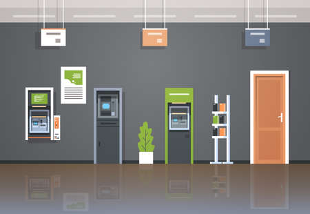 ATM money automatic teller machine payment terminals room financial operations center concept banking equipment modern bank interior horizontal flat vector illustrationのイラスト素材