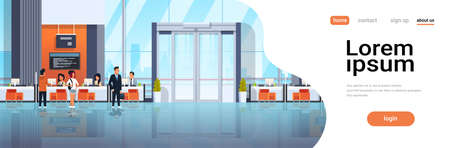 people visitors and banking managers communication financial center credit department windows consultation customer service modern bank office interior horizontal copy space vector illustrationのイラスト素材