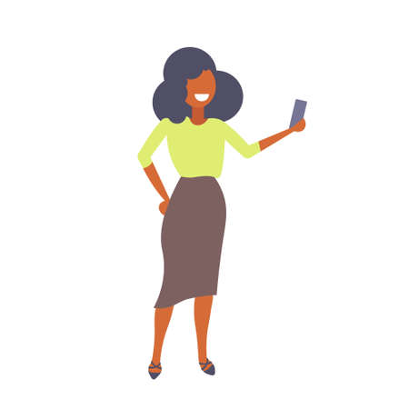 businesswoman taking selfie photo smartphone camera happy business woman using mobile application full length cartoon character flat isolated vector illustrationのイラスト素材