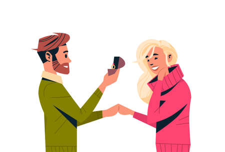 man holding engagement ring proposing to woman marry him happy valentines day concept couple in love hands and hearts marriage offer portrait horizontal isolated vector illustrationのイラスト素材