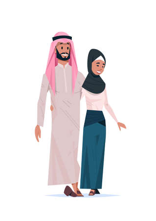arabic couple in love happy valentines day concept arab man woman embracing walking together cartoon characters full length vertical isolated vector illustrationのイラスト素材