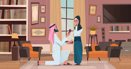 arab man kneeling holding engagement ring proposing arabic woman marry him couple in love wedding marriage offer happy valentines day concept living room interior vector illustrationのイラスト素材