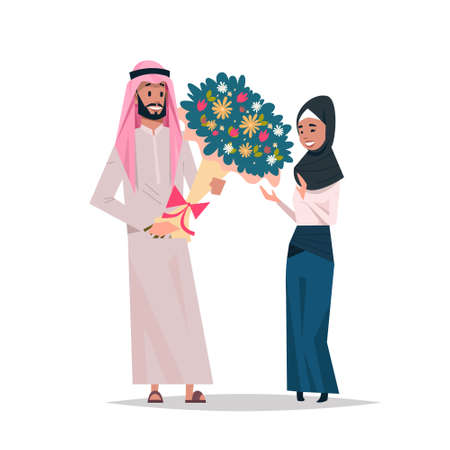 arab man present woman bouquet of flowers happy valentines day holiday concept arabic couple in love male female cartoon characters full length isolated flat vector illustrationのイラスト素材