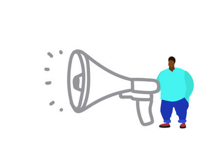 fat man near megaphone loudspeaker african american announcer digital marketing concept male cartoon character full length sketch doodle isolated vector illustrationのイラスト素材