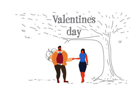 couple in love happy valentines day concept boyfriend hiding surprise gift box behind back man woman lovers holding hands under big tree sketch doodle horizontal greeting card vector illustrationのイラスト素材