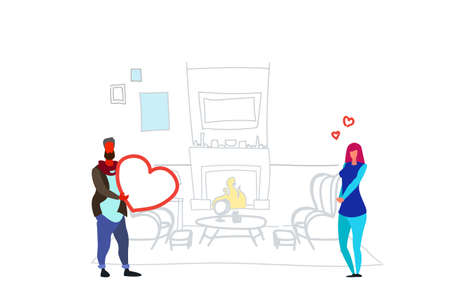 man giving woman heart shape happy valentines day holiday concept couple in love over decorated fireplace home interior sketch doodle horizontal vector illustrationのイラスト素材