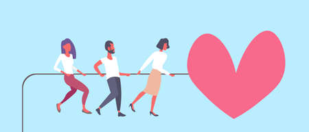 people pulling rope big pink heart shape happy valentines day holiday celebrating concept successful teamwork strategy flat horizontal vector illustrationのイラスト素材