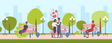 elegant couple dancing city urban park happy valentines day concept man woman lovers cityscape background male female cartoon characters full length flat horizontal vector illustrationのイラスト素材