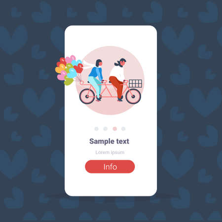 couple riding tandem bicycle with heart shapes air balloons happy valentines day holiday concept man woman lovers cycling twin bike copy space flat vector illustrationのイラスト素材