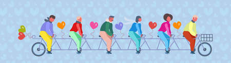 people group riding tandem bike with heart shape air balloons happy valentines day concept couples in love successful teamwork flat horizontal banner vector illustrationのイラスト素材