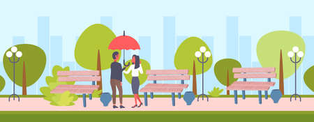lovers couple under umbrella rear view man woman romantic walking in rain city urban park cityscape background full length male female characters flat horizontal vector illustrationのイラスト素材