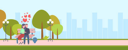 couple sitting wooden bench city urban park happy valentines day concept man woman lovers embracing...
