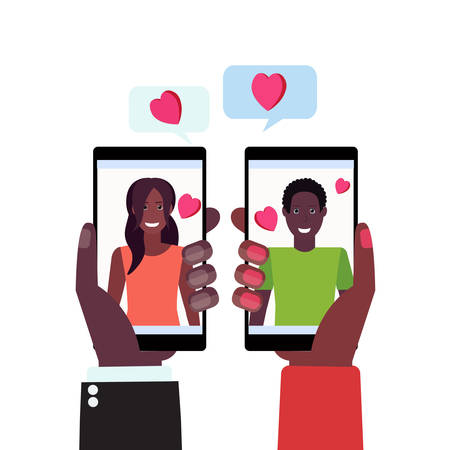 couple in love hands holding smartphones happy valentines day concept african american man woman lovers chat bubble mobile app internet communication isolated portrait vector illustrationのイラスト素材
