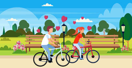 couple in love riding bicycles happy valentines day holiday concept city urban park landscape young man woman lovers cycling bike horizontal flat vector illustrationのイラスト素材
