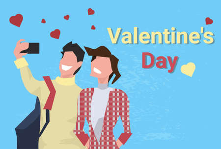 couple taking selfie photo happy valentines day holiday concept man woman using smartphone camera heart shapes male female characters portrait greeting card horizontal vector illustrationのイラスト素材